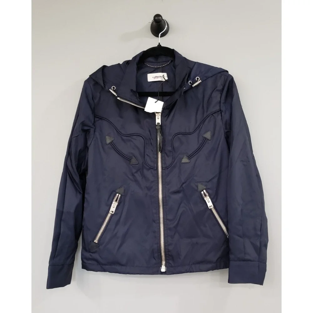 NEW Coach 1941 Navy Metallic Western Leather Trim Hooded Jacket Size 2 Bomber
